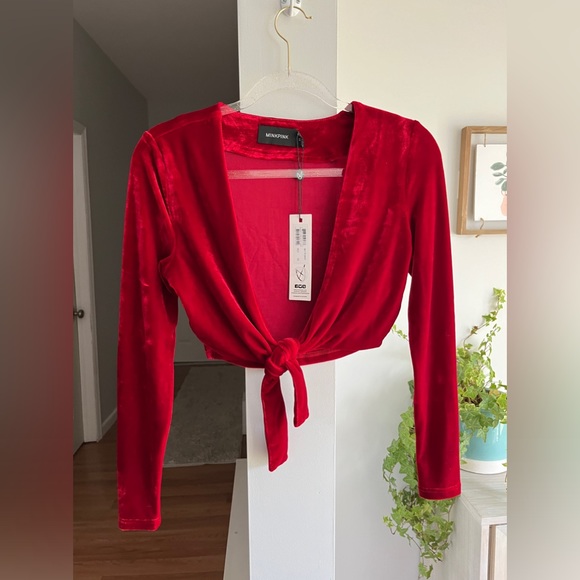 MINKPINK Red Midnight Hour Velvet Long Sleeve Front Tie Crop Top NWT - Picture 3 of 7
